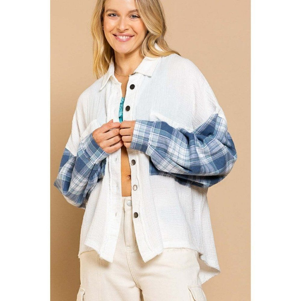 POL CLOTHING Women's Lightweight Plaid White Blue Gauze Button Shacket YKT19A